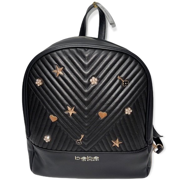 BEBE Hayden Backpack Black Gold Crystal Jeweled Embellishments Vegan Leather - Picture 14 of 14